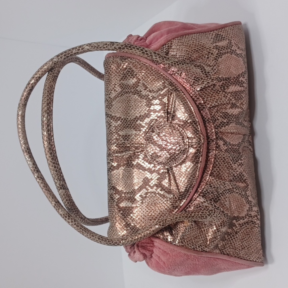 Inge Christopher Rubbed,snake skin print shoulder bag with pink suede trim.